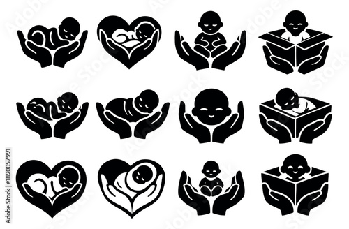 Simple silhouette baby care icon set featuring babies held in caring hands, hearts, and boxes for maternity and childcare concepts