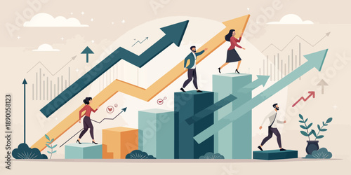 Startup growth vector concept with abstract elements, upward arrow, and graph indicating business progress and success.