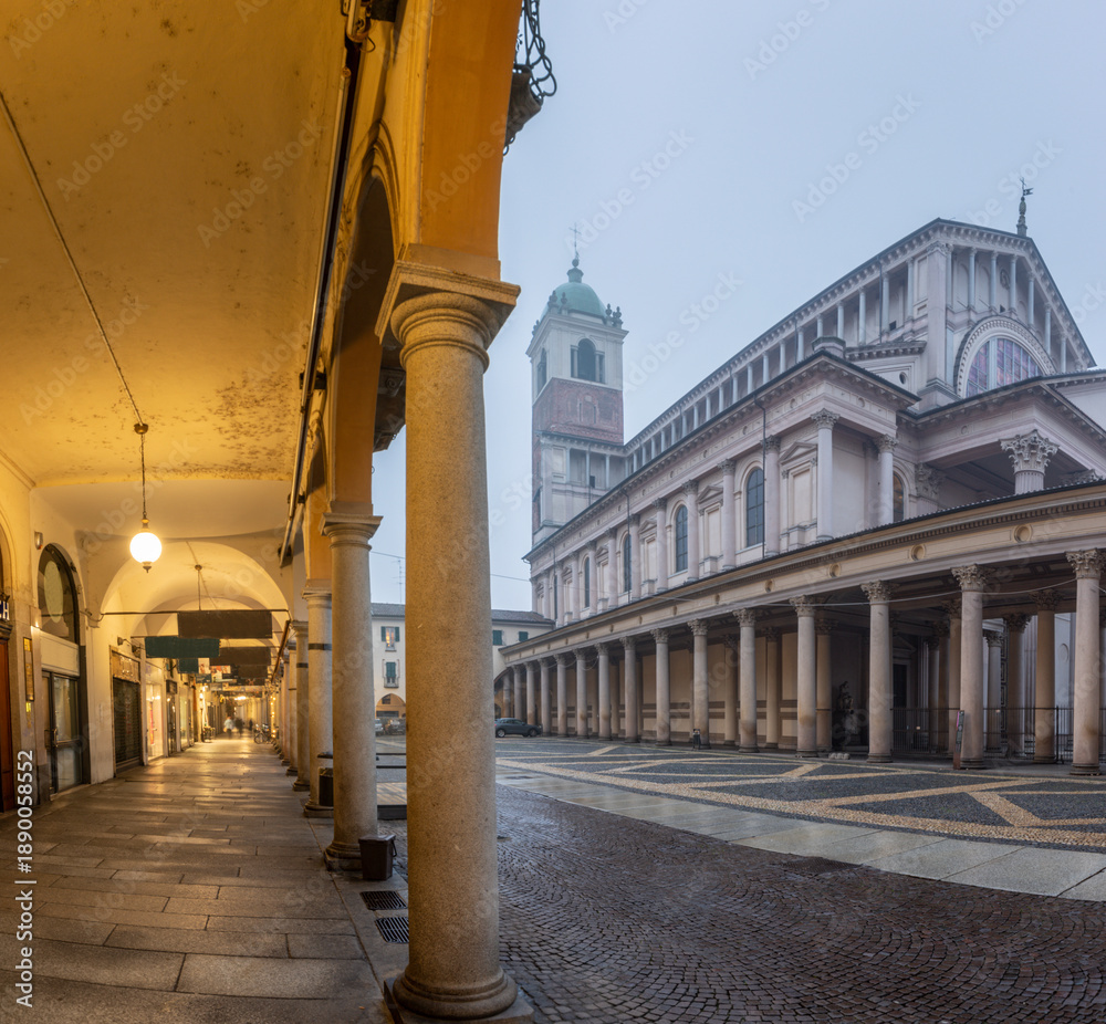 Naklejka premium Novara - The Cathedral - Cattedrale di santa maria assunta at dusk and winter fog.