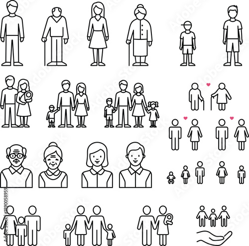 Diverse family and individual icons for representing relationships and demographics
