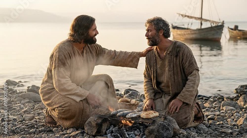 Biblical Scene of Risen Jesus Christ and Apostle Peter Sitting by Fire on Beach at Sunrise with Fishing Boat Background Depicting Reconciliation History