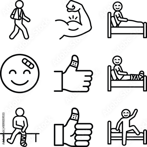 Health and recovery journey: a collection of icons depicting injury, strength, and well-being