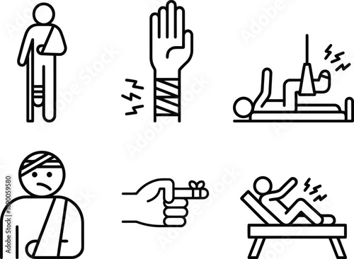 Collection of line icons illustrating different physical injuries and medical conditions.