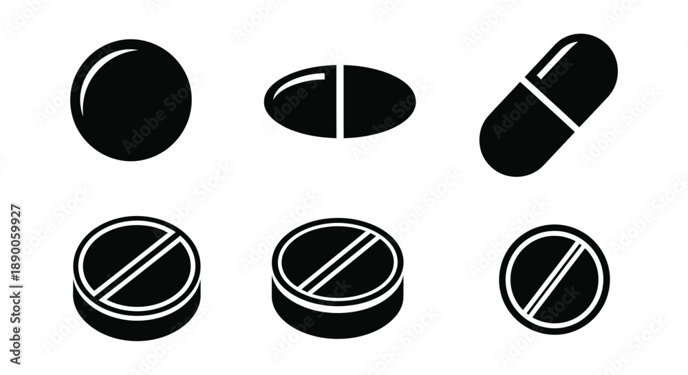 Fototapeta premium Black pill and tablet icons arranged in a simple composition silhouette