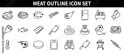 Meat Outline Icons Set, Butcher Icon Pack Clipart, Food Protein Vector Illustration, Beef Chicken Line Icons Design, BBQ Grill Icons Bundle Download, Meat Shop Icon Pack, Food Menu UI Icons

