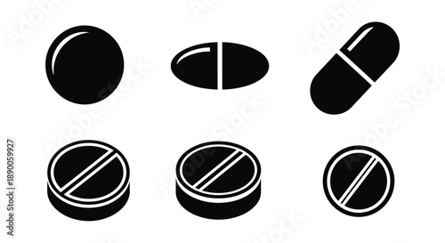 Black pill and tablet icons arranged in a simple composition silhouette