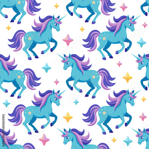 Cute blue running unicorn horse with colorful mane and stars on white background. Vector seamless pattern.	