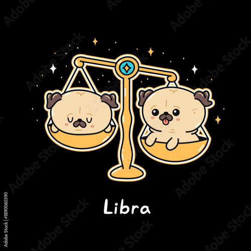 Cute funny pug, libra zodiac sign. Vector hand drawn cartoon kawaii character illustration logo icon. Cute pug dog,puppy,libra zodiac sign concept
