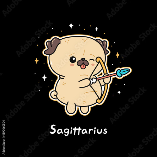 Cute funny pug, sagittarius zodiac sign. Vector hand drawn cartoon kawaii character illustration logo icon. Cute pug dog,puppy,sagittarius zodiac sign concept
