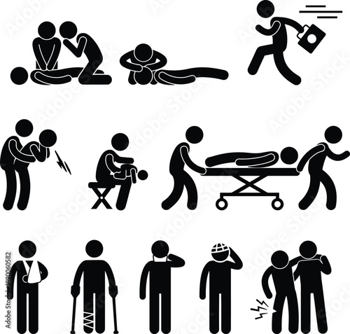 Collection of emergency first aid and injury icons depicting various medical situations