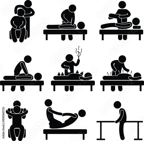 Collection of icons showing alternative medicine and physical therapy treatments