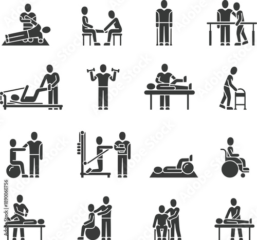 Physical therapy and rehabilitation icons showing various patient recovery and exercise activities