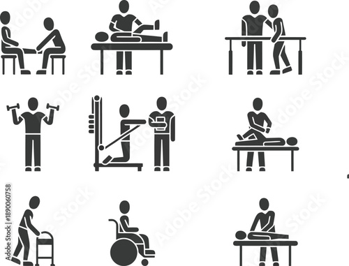 Physical therapy and rehabilitation icons set showing exercises and patient care