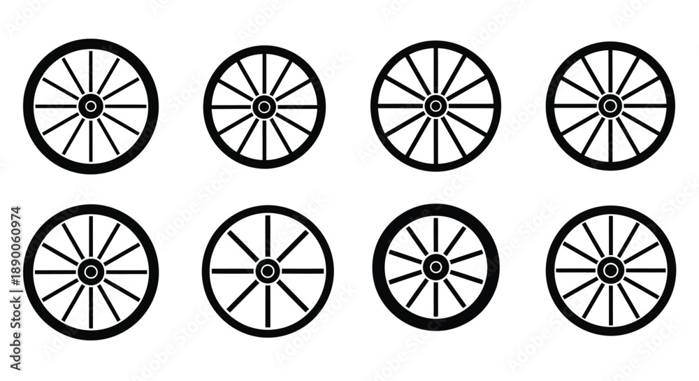 Fototapeta premium Eight black wagon wheels arranged in a grid simple silhouette