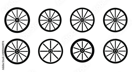 Eight black wagon wheels arranged in a grid simple silhouette