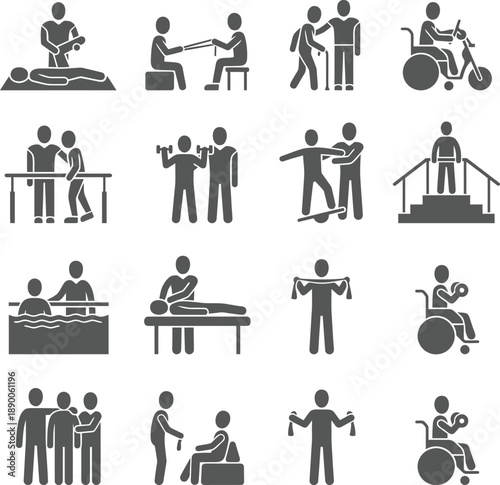 Comprehensive collection of physical therapy and rehabilitation exercises and care icons