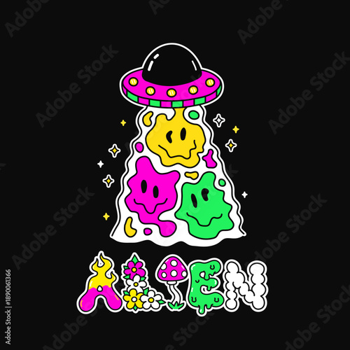 Colorful cartoon alien spaceship abducting smile emojis. Cartoon doodle vector illustration design