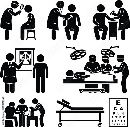 Various healthcare scenarios including patient check-ups, surgery, and diagnostics.