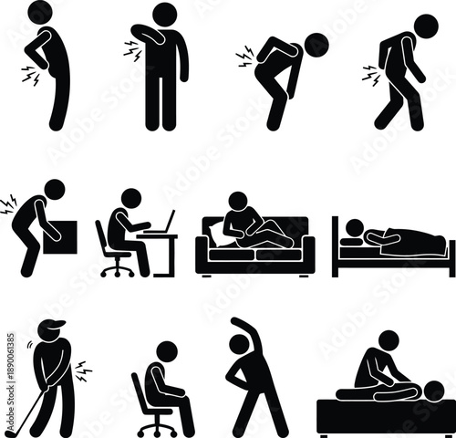 A collection of stick figures illustrating common causes and solutions for back pain