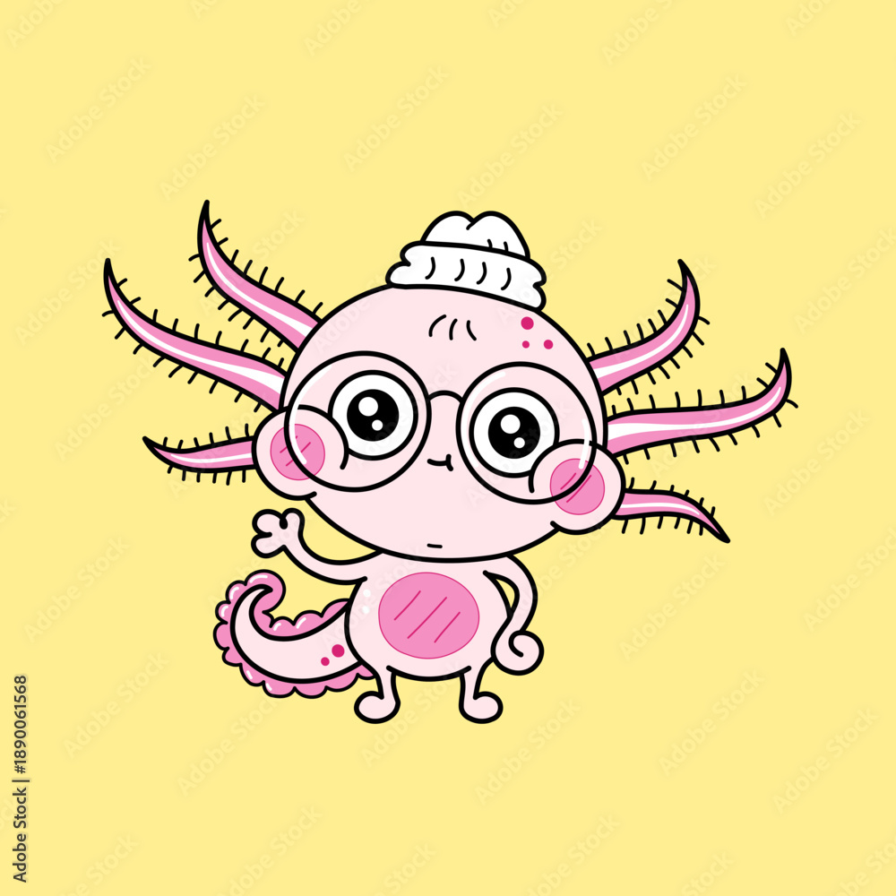 Fototapeta premium Cute cartoon axolotl in eyeglasses waving hand. Flat vector illustration design