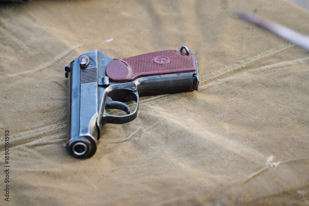 Fototapeta premium Almaty, Kazakhstan - 01.20.2026 : Makarov's pistol. Adopted by the army and law enforcement agencies of Kazakhstan.