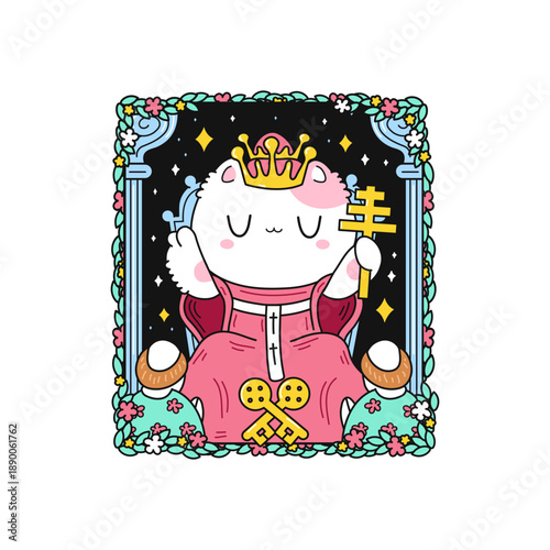 Cute cat character, taro card. Cartoon vector illustration in kawaii style