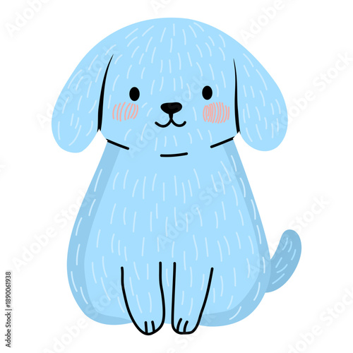 Cute sitting blue shaggy dog with pink cheeks. Funny doodle animal character illustration of a children's style. Adorable pet for children's design.