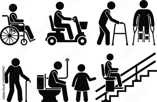 Various icons representing different types of disability, mobility aids, and accessibility