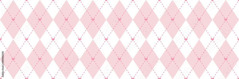Fototapeta premium Pastel pink heart argyle rhombus seamless pattern, diamond plaid cute valentine banner background