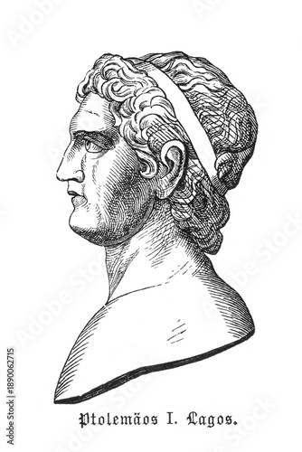 Photos Ptolemy I Soter in profile with curly hair and royal diadem, showing Hellenistic