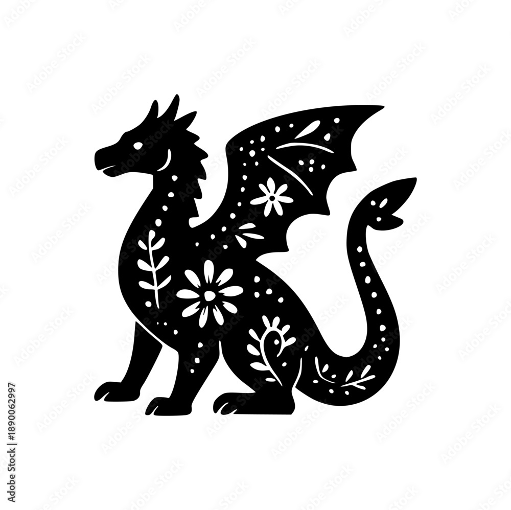 Fototapeta premium Solid Black Dragon Silhouette in Mexican Folk Art Design Element