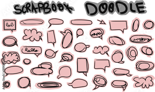 Funky y2k speech bubble scrapbook collection. Torn paper bubble shapes for dialogue, message and text. Comic colorful scrapbook collage speech bubbles. Hand drawn vector sketch balloon