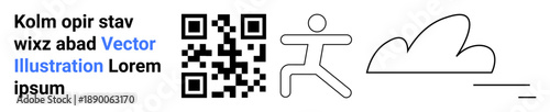Technology, identity, data, minimalism, information design, UX. Abstract QR code, human figure text details cloud and line. Technology and identity visualization for modern concepts