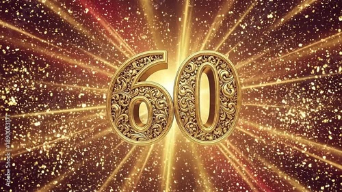 Golden 60 Glitter Number with Light Rays – Celebration Anniversary Background