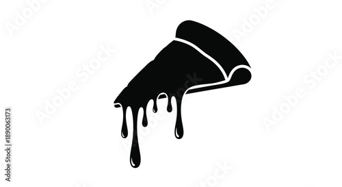 A single slice of pizza with dripping cheese a dark silhouette