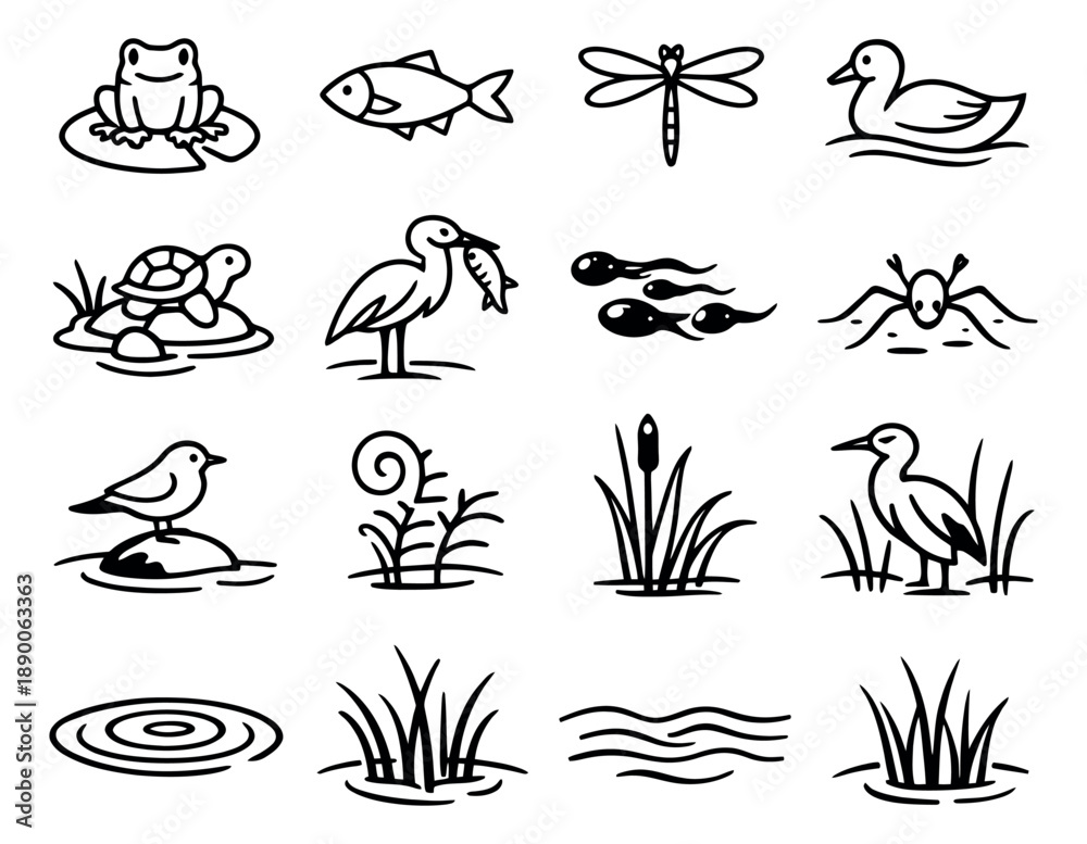 Fototapeta premium Hand drawn line art pond life set featuring frogs, fish, ducks, and aquatic plants for nature-themed designs