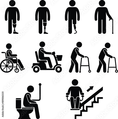 Pictograms representing people with disabilities using various mobility aids and accessibility solutions