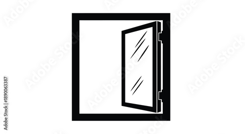 A simple black and white illustration of an open door silhouette
