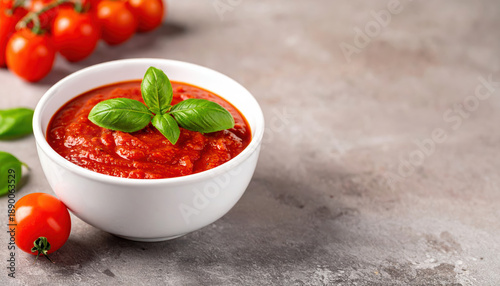 Salsa di pomodoro fresca in ciotola bianca con foglie di basilico. Generative AI