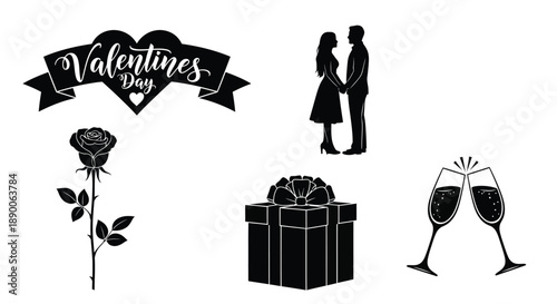 Valentine s day elements with couple rose and gifts a black silhouette