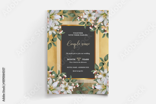 WEDDING INVITATION FRAME WITH FLOWER DECORATIONS AND FRESH LEAVES