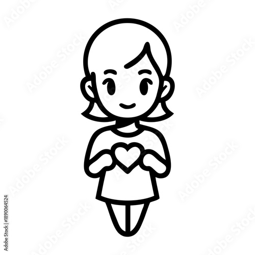 Dibujo con líneas de chica de frente sujetando un corazón con las manos