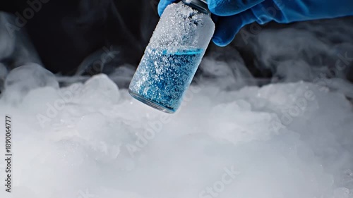 mRNA Vaccine Development concept. A hand holding a vial above ice with vapor rising around it.