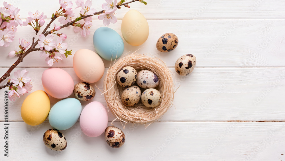 Obraz premium Quail and pastel Easter eggs with cherry blossom branch on white wooden background. Natural spring holiday flat lay composition.