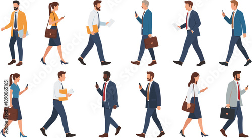 Business People Walking Vector Illustration Set with Office Professionals Using Smartphones and Documents in Side View Poses for Corporate and Urban Lifestyle Designs