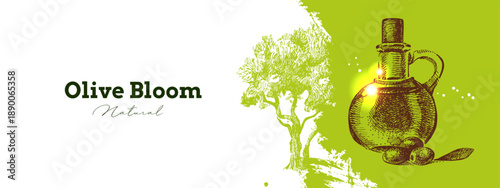 Vintage sketch olive oil banner. Extra virgin, farm product, Mediterranean cuisine, cosmetic, organic farm, packaging label, bottle sticker, menu header. Engraved hand drawn vector illustration.