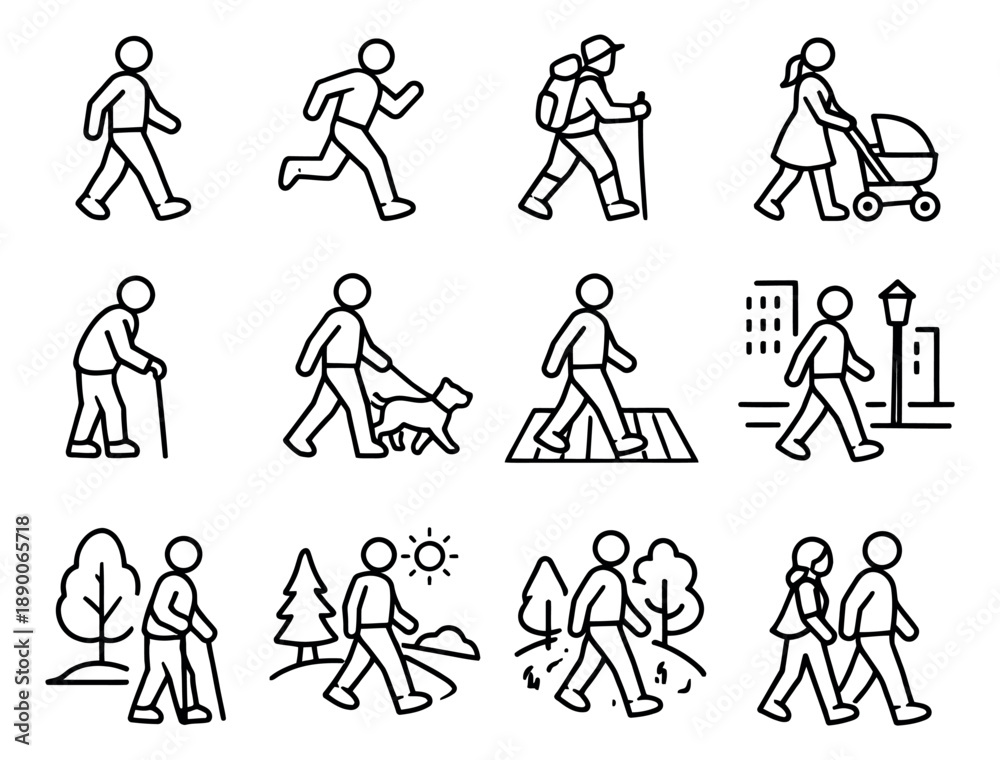 Naklejka premium Hand drawn people walking icons set featuring various individuals and activities for health, lifestyle, and recreation designs