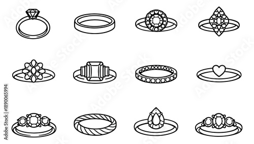 Line art rings set featuring engagement rings, wedding bands, and various decorative designs for jewelry and love concepts