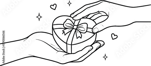 Line art drawing of two hands exchanging a heart shaped gift box with a bow, minimalist love, Valentine's Day surprise, and romantic giving concept.