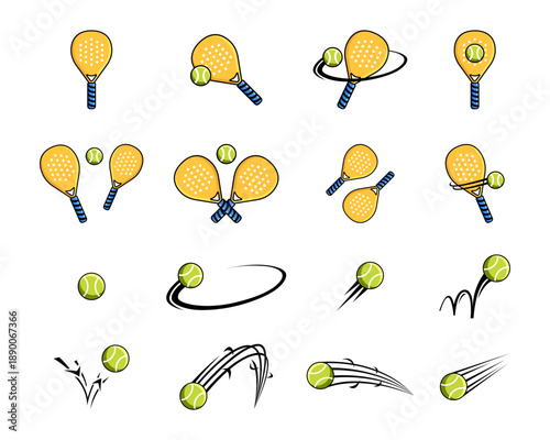 Set of paddle Tennis Icon, Cartoon Racket and Ball. Vector Illustration